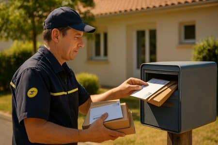 Facteur La Poste déposant lettres et colis dans une boîte aux lettres devant une maison.