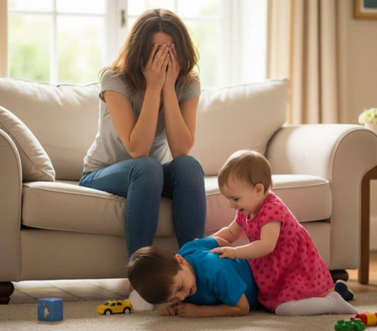Mère inquiète avec ses enfants qui jouent