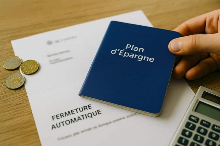 Main tenant un livret d’épargne posé sur un courrier bancaire, avec pièces en euros et calculatrice sur une table en bois, lumière naturelle en intérieur.