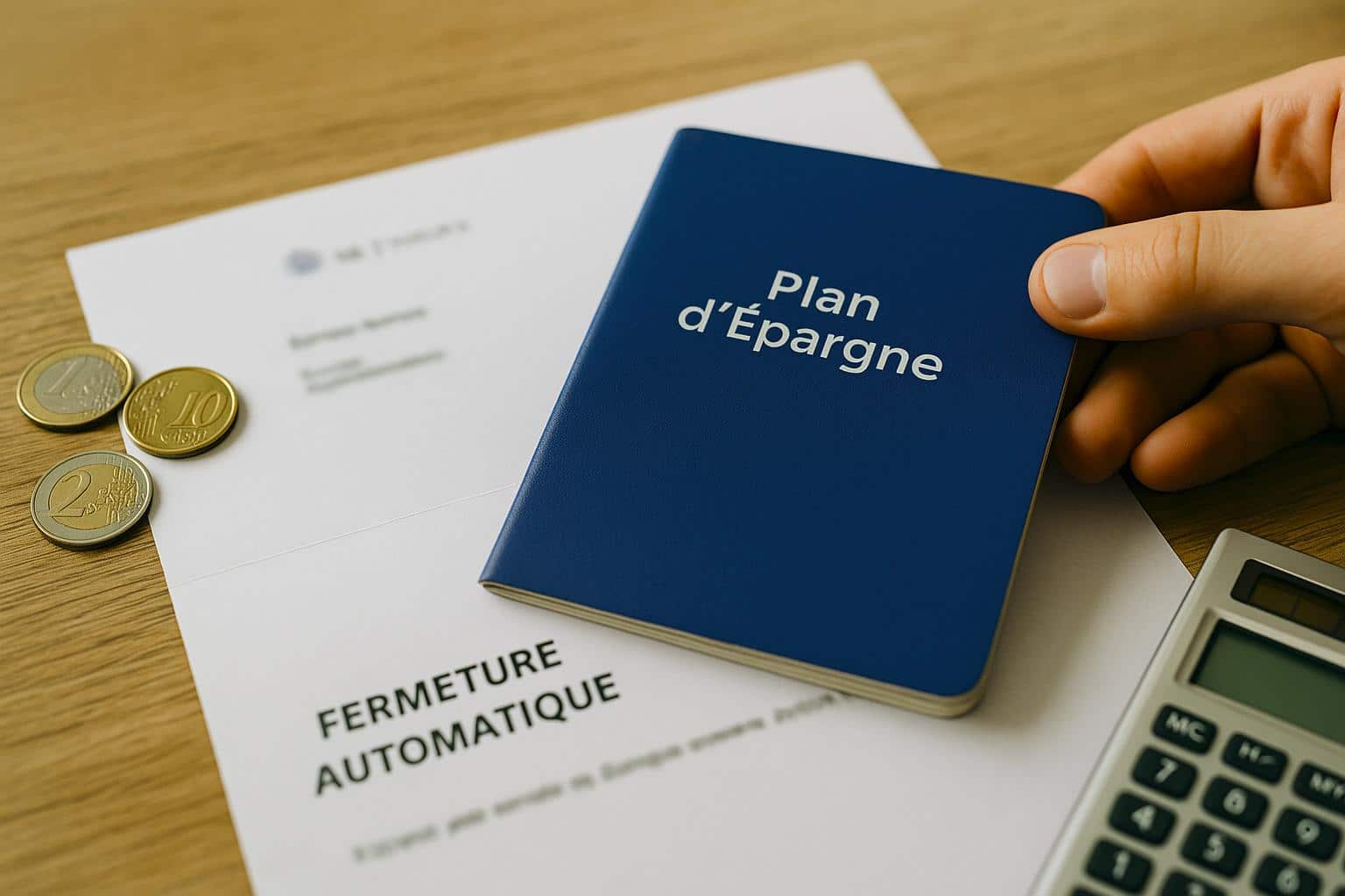 Main tenant un livret d’épargne posé sur un courrier bancaire, avec pièces en euros et calculatrice sur une table en bois, lumière naturelle en intérieur.