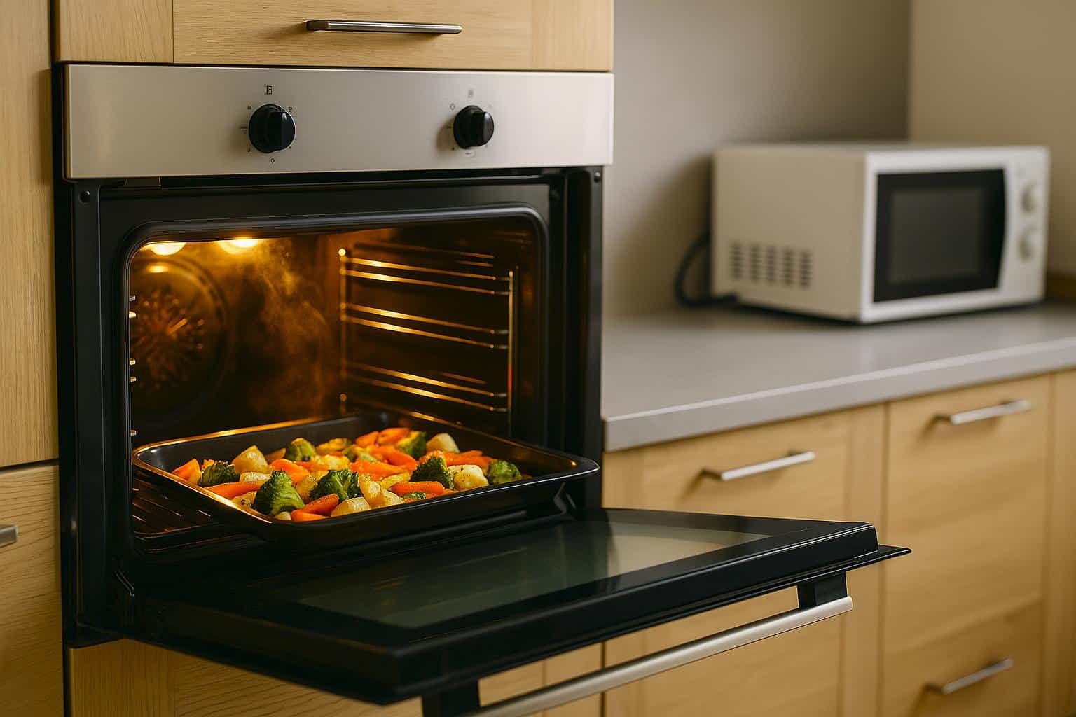 Four à convection allumé dans une cuisine moderne, plateau de légumes rôtis dégageant une légère vapeur.
