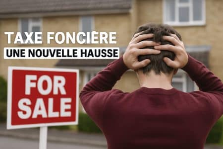 Homme de dos se tenant la tête devant un panneau “FOR SALE”, texte “Taxe foncière : une nouvelle hausse”.