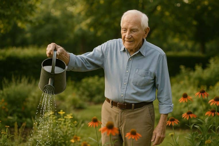 Personne âgé en train d'arroser son jardin.