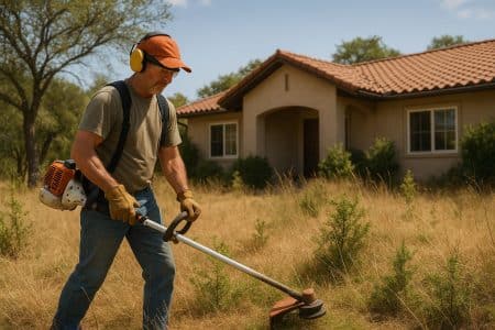 Propriétaire en train de débroussailler autour de sa maison entourée de végétation sèche.