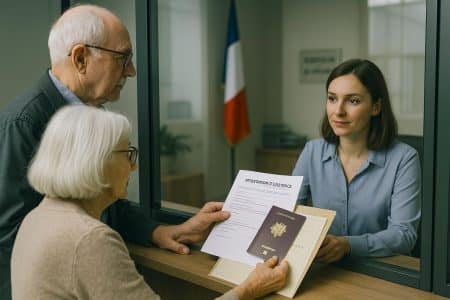 Retraités présentant leurs documents à une agente derrière une vitre au guichet d’un consulat, pour justifier leur pension avec un certificat d’existence.