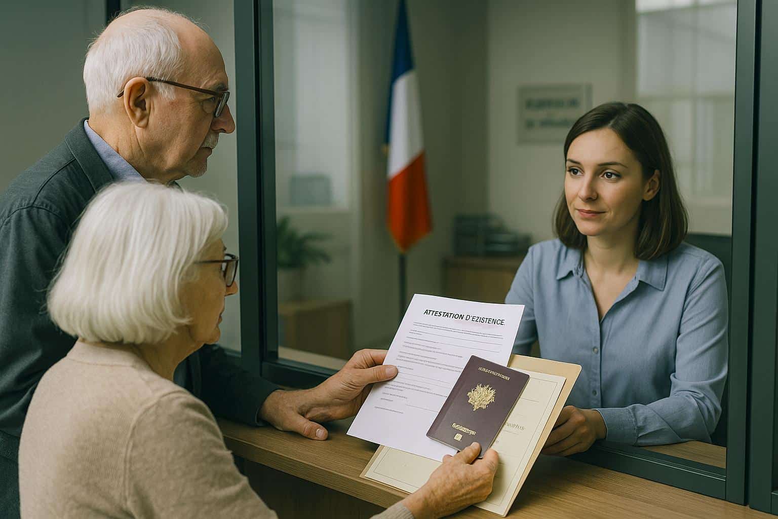 Retraités présentant leurs documents à une agente derrière une vitre au guichet d’un consulat, pour justifier leur pension avec un certificat d’existence.