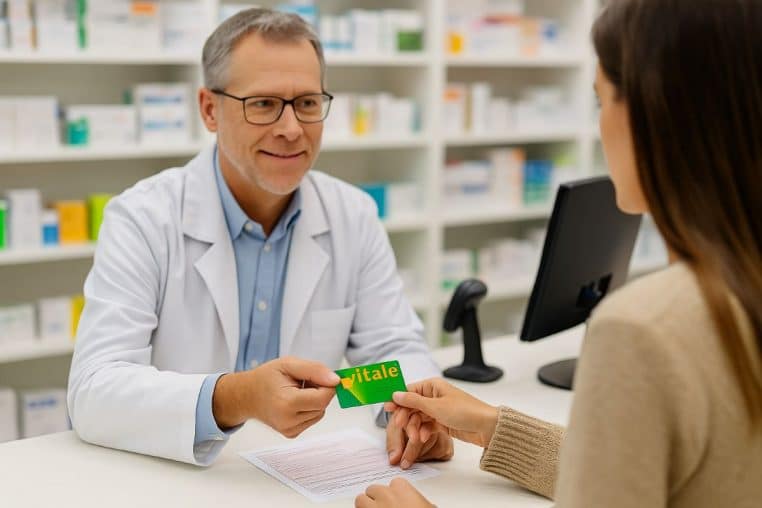 Pharmacien en blouse blanche recevant la Carte Vitale d’une cliente devant des rayonnages de médicaments.