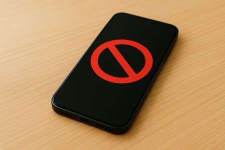Smartphone affichant un symbole d’interdiction rouge sur fond noir, posé sur une table en bois.