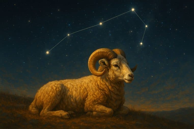 Bélier allongé dans une prairie au coucher du soleil, constellation d’Aries visible au-dessus.