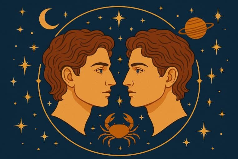 Portrait symétrique de deux frères identiques, nuit étoilée et éléments célestes en arrière-plan.