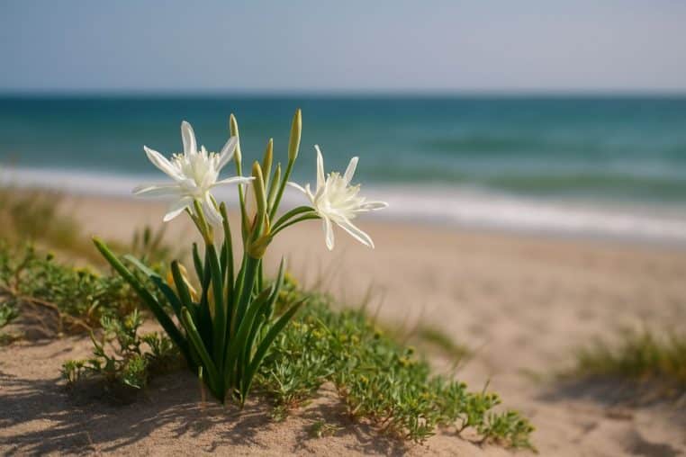 Gros plan sur des fleurs blanches (Sea Daffodil) devant la mer.