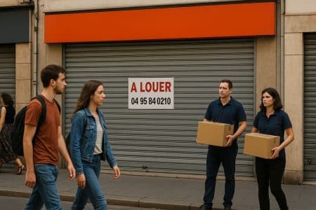 Devanture d’un magasin d’électroménager rideau baissé, panneau « à louer », passants et salariés portant des cartons.