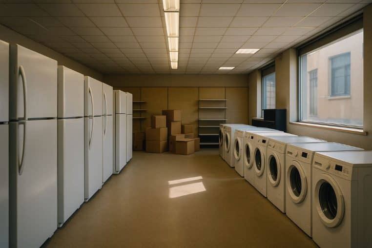 Showroom d’électroménager presque vide : rangées de réfrigérateurs et de lave-linge, cartons empilés et étagères dégarnies sous une lumière rasante.
