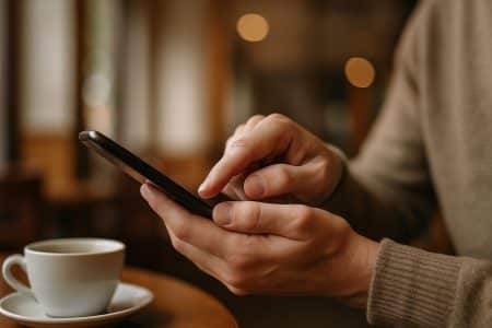 Mains d’un adulte écrivant un SMS avec un seul doigt sur un smartphone dans un café, en lumière naturelle.
