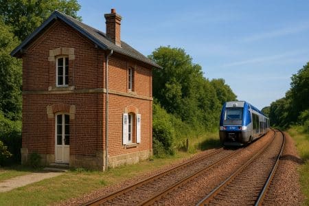 Maison de garde-barrière rénovée en brique rouge le long de la ligne de TER Brive-Tulle, avec un train en arrière-plan.