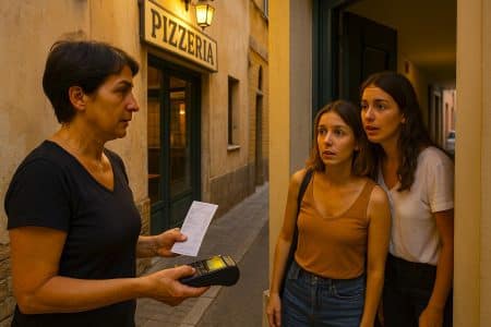 À Civitanova Marche, à l’aube, la patronne d’une pizzeria tend une facture et un terminal de paiement à deux touristes surprises sur le pas d’une porte, dans une ruelle étroite.