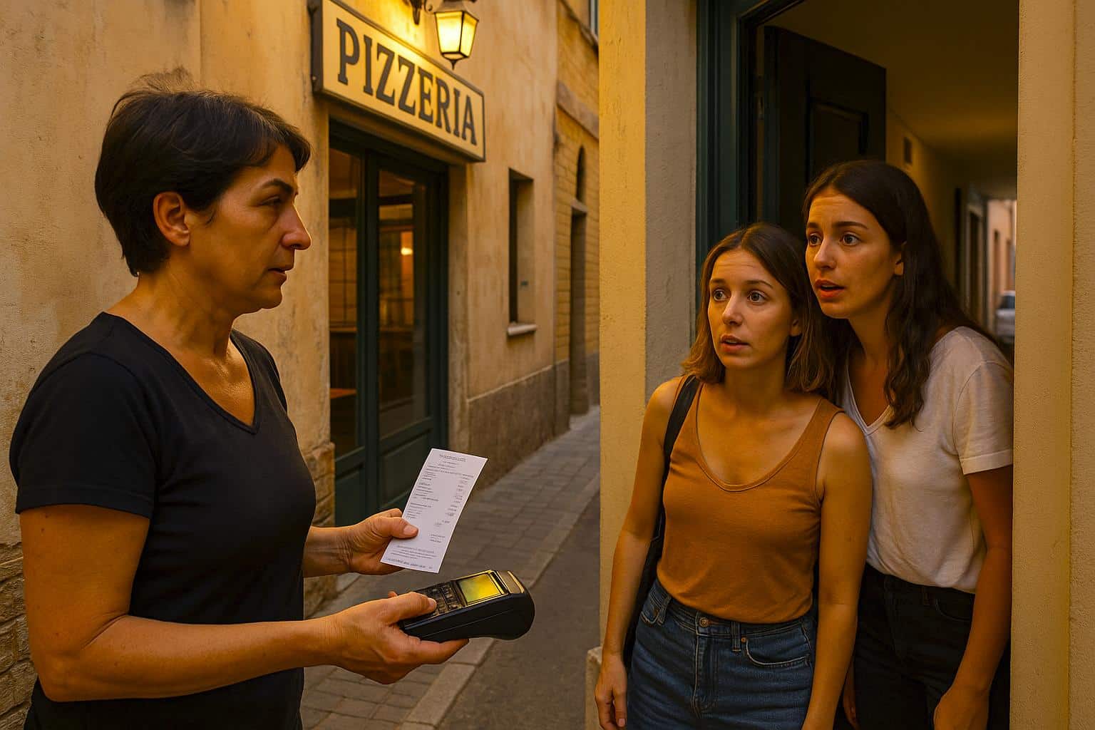 À Civitanova Marche, à l’aube, la patronne d’une pizzeria tend une facture et un terminal de paiement à deux touristes surprises sur le pas d’une porte, dans une ruelle étroite.