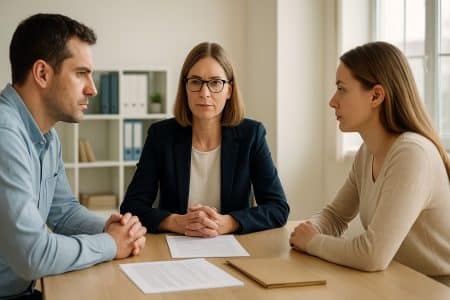 Médiation familiale en France : un couple face à une médiatrice dans un cabinet lumineux, documents juridiques sur la table.