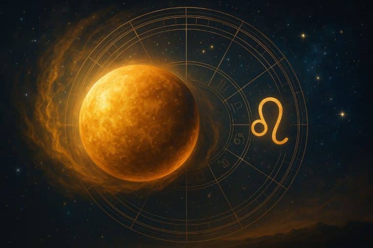 Vue réaliste de la planète Mercure entourée d’une roue astrologique, symbole du Lion mis en évidence.