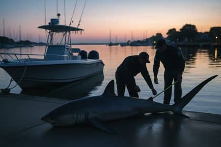 À l’aube dans un port du Connecticut, des agents mesurent un requin renard géant le long d’un bateau.