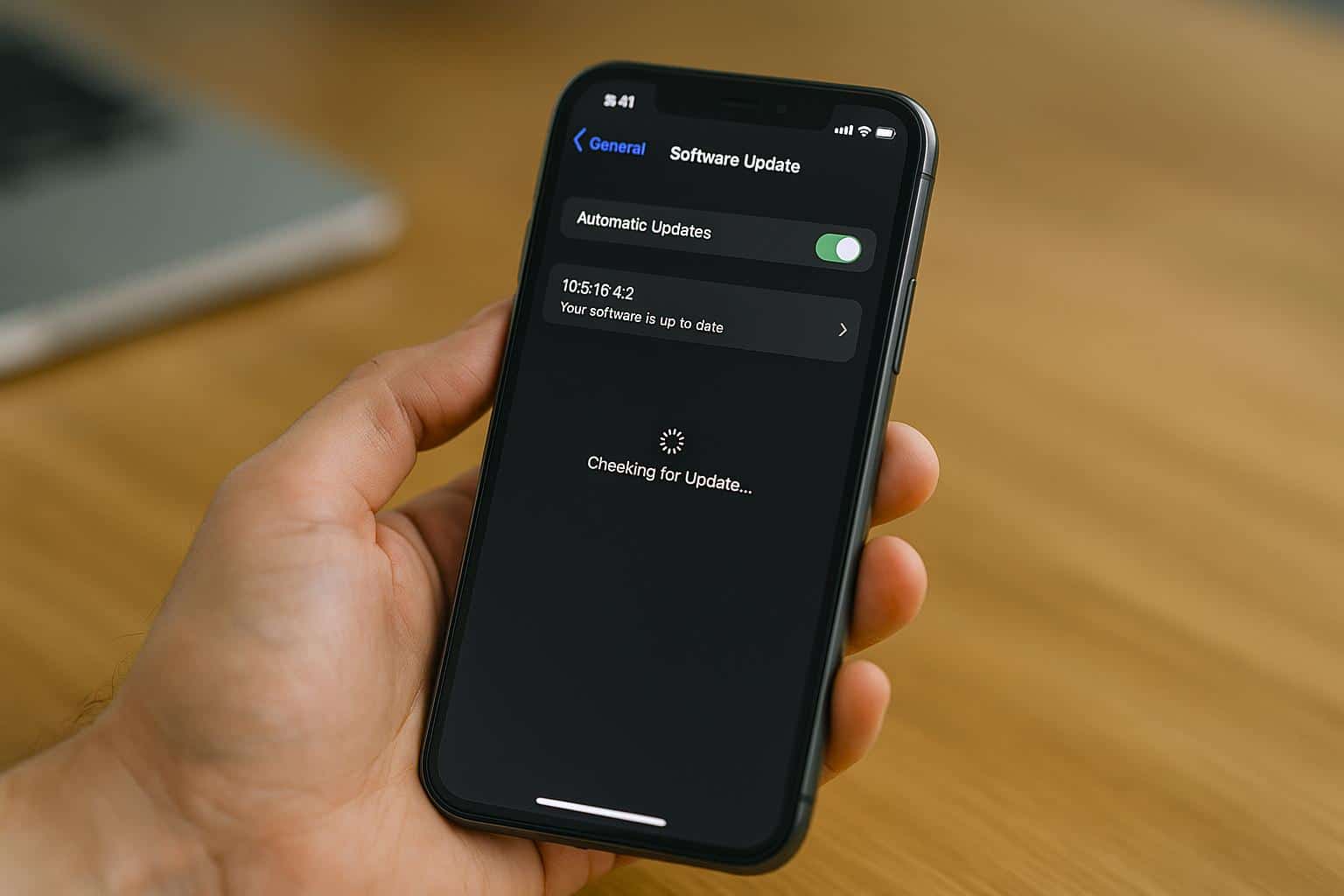Main tenant un iPhone affichant l’écran Réglages > Général > Mise à jour logicielle, posé dans une ambiance intérieure douce.