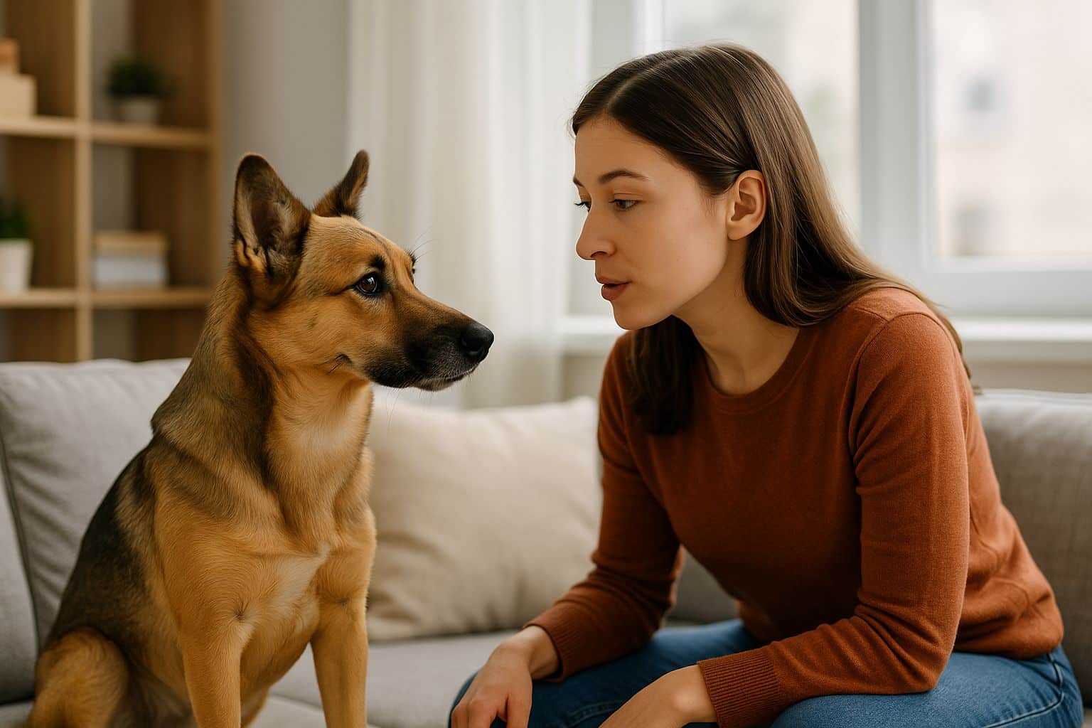 Jeune femme parlant doucement à son chien sur le canapé, regard croisé et oreilles dressées dans un salon lumineux.