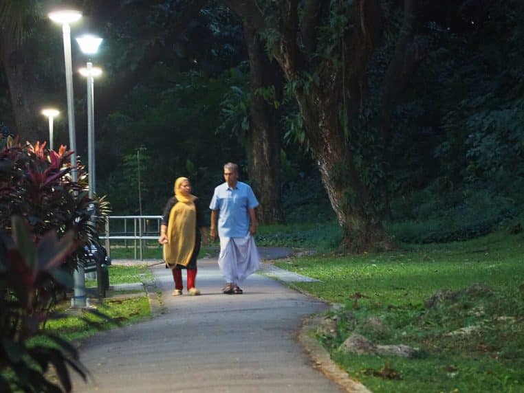 Un couple de seniors marche sur un chemin ombragé dans un parc.