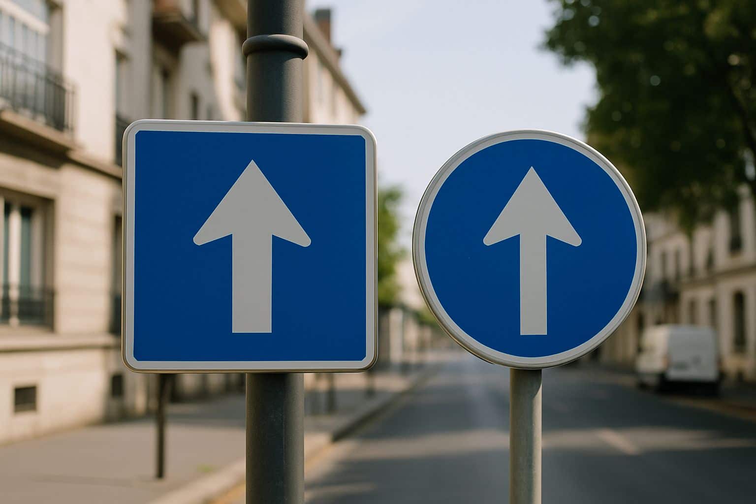 Panneau carré bleu et panneau rond bleu avec flèche blanche, côte à côte dans une rue française.
