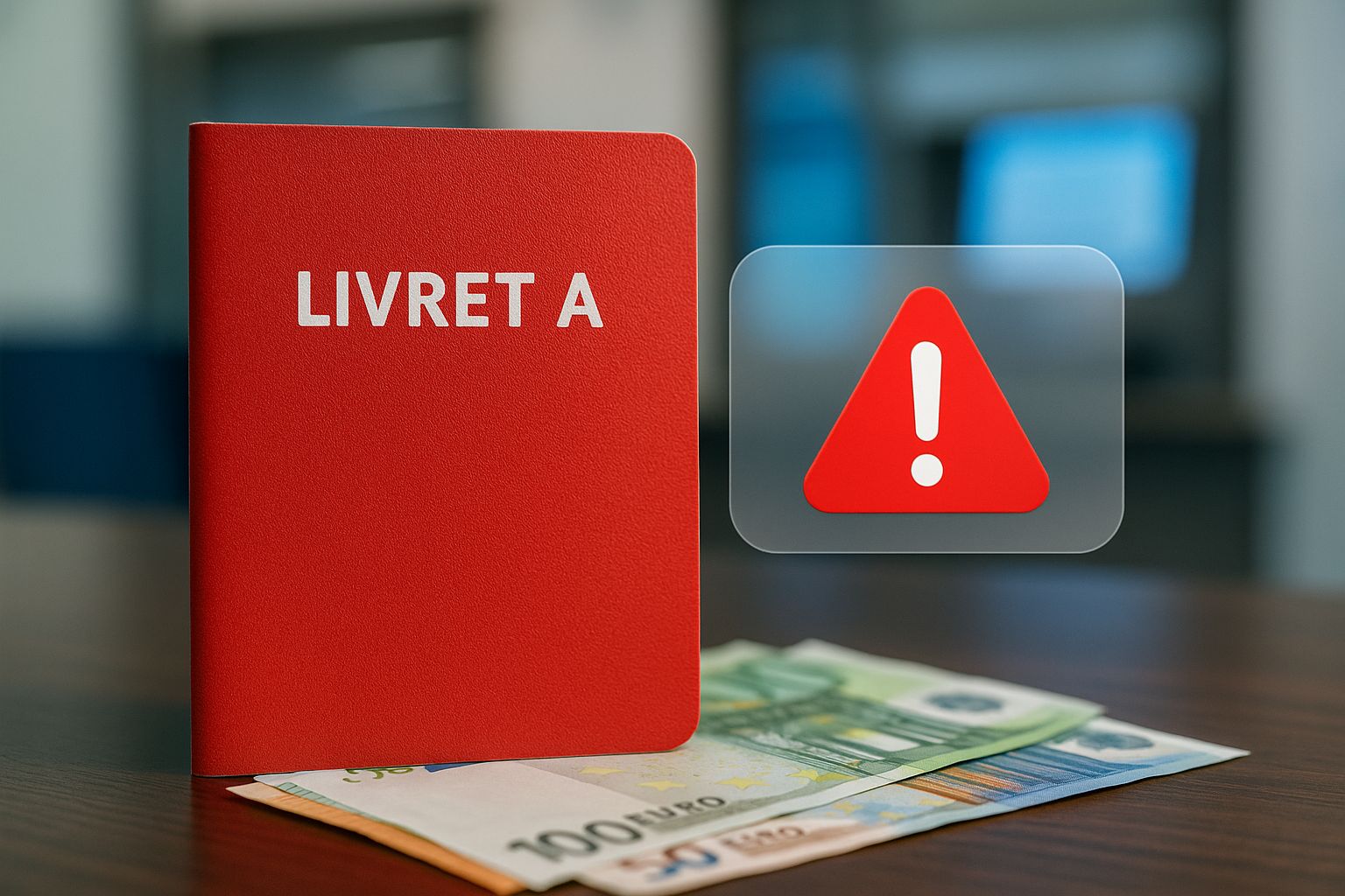 Visuel d'un livret A rouge avec des billets en euros et une icône d'alerte digitale en arrière-plan.