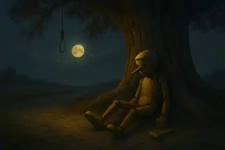 Marionnette en bois adossée à un vieux chêne, lune pleine au-dessus d’un chemin de campagne, fils emmêlés et petit marteau posé dans la poussière.
