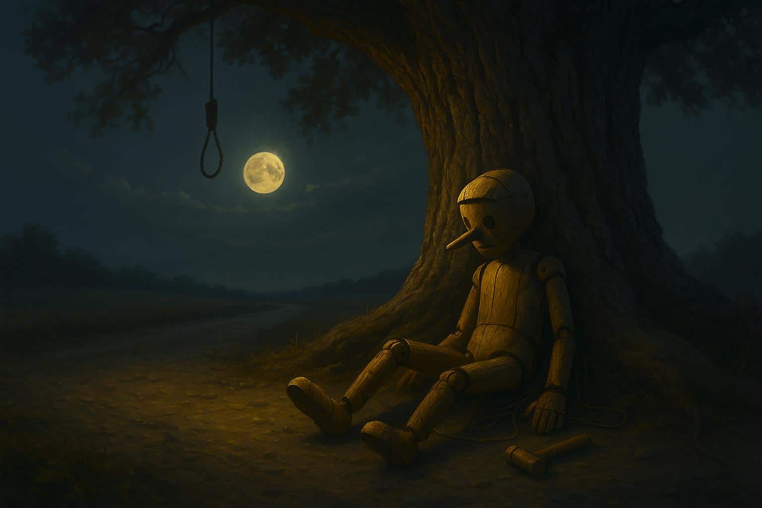 Marionnette en bois adossée à un vieux chêne, lune pleine au-dessus d’un chemin de campagne, fils emmêlés et petit marteau posé dans la poussière.