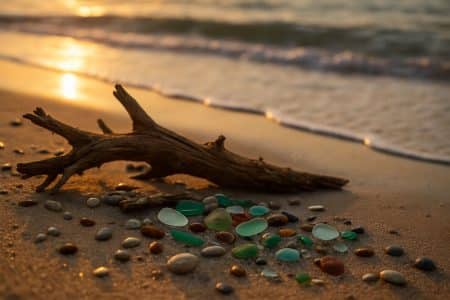 Morceaux de verre satiné et bois sur sable humide, soleil couchant.