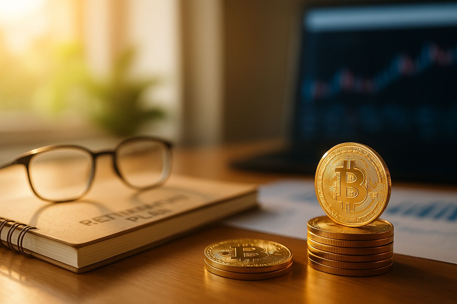 « Pièces de Bitcoin sur un bureau en bois avec un carnet marqué ‘Retirement Plan’, des lunettes et un graphique de cours en arrière-plan flou »