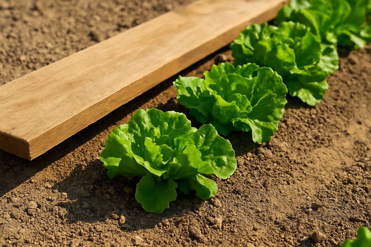 Planche de bois posée au ras du sol, créant une ombre nette sur une rangée de laitues en plein été.