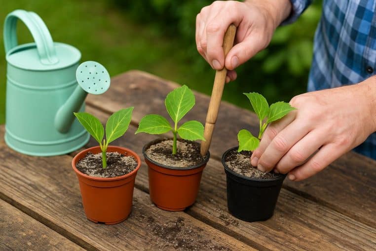 Boutures d’hortensia plantées dans de petits pots remplis d’un mélange terreau et sable, feuilles du bas retirées.