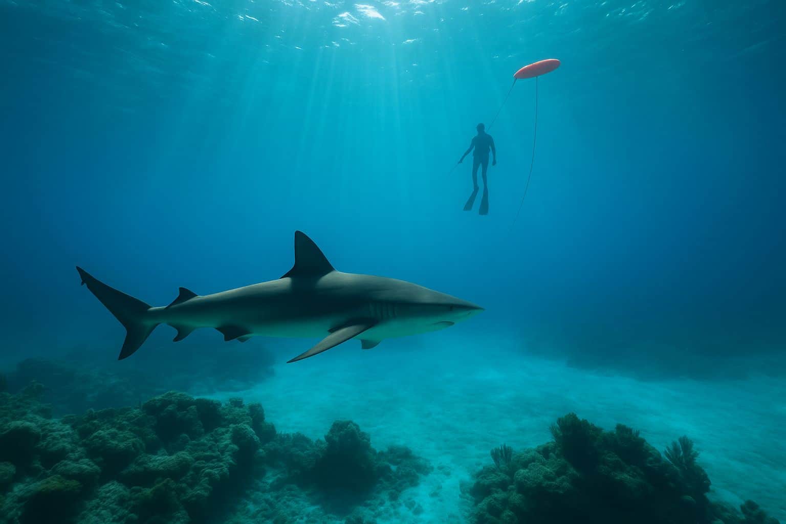 Sous l’eau aux Bahamas, un requin de récif passe au-dessus d’un fond sableux tandis qu’un pêcheur en apnée relié à une bouée orange flotte plus haut, rayons de soleil filtrant.