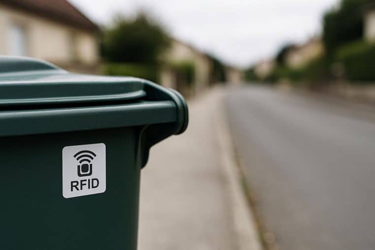 Gros plan d’un bac roulant vert avec autocollant RFID près de la poignée, rue résidentielle floutée.