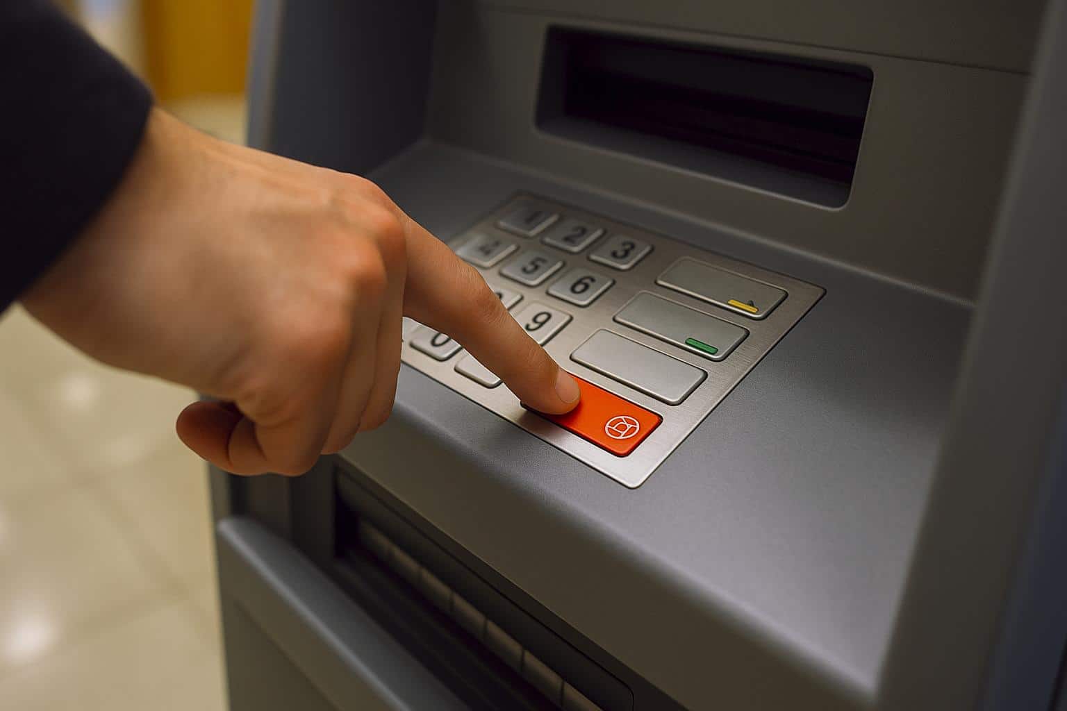 Doigt appuyant sur la touche annuler d’un distributeur en agence, gros plan sur le clavier pour sécuriser la session.