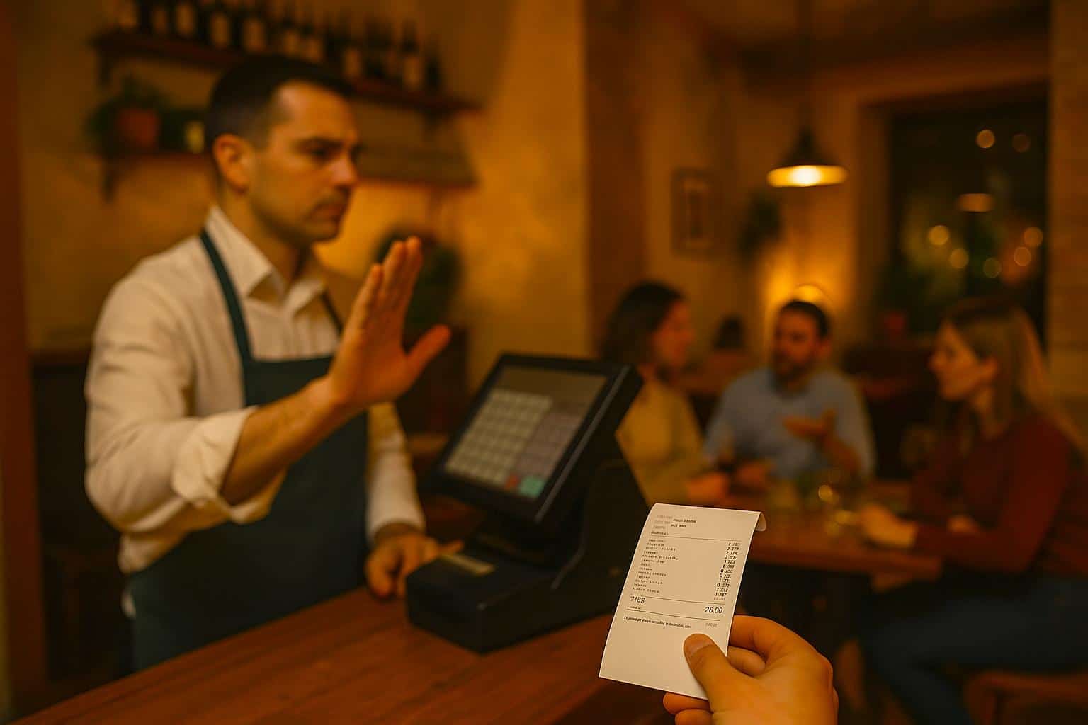 Un serveur présente une addition globale à la caisse d’un restaurant italien, pendant qu’un groupe de clients discute en arrière-plan.