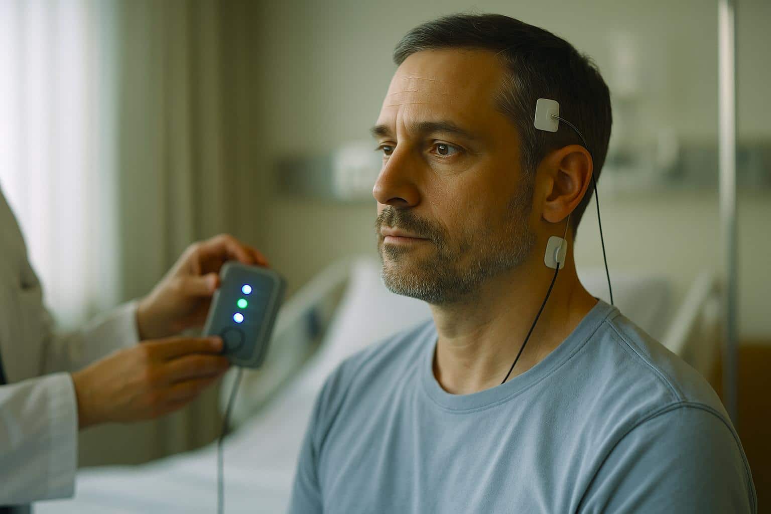 Patient de 44 ans équipé d’un dispositif de stimulation cérébrale adaptative en service hospitalier, lumière naturelle et ambiance apaisée.