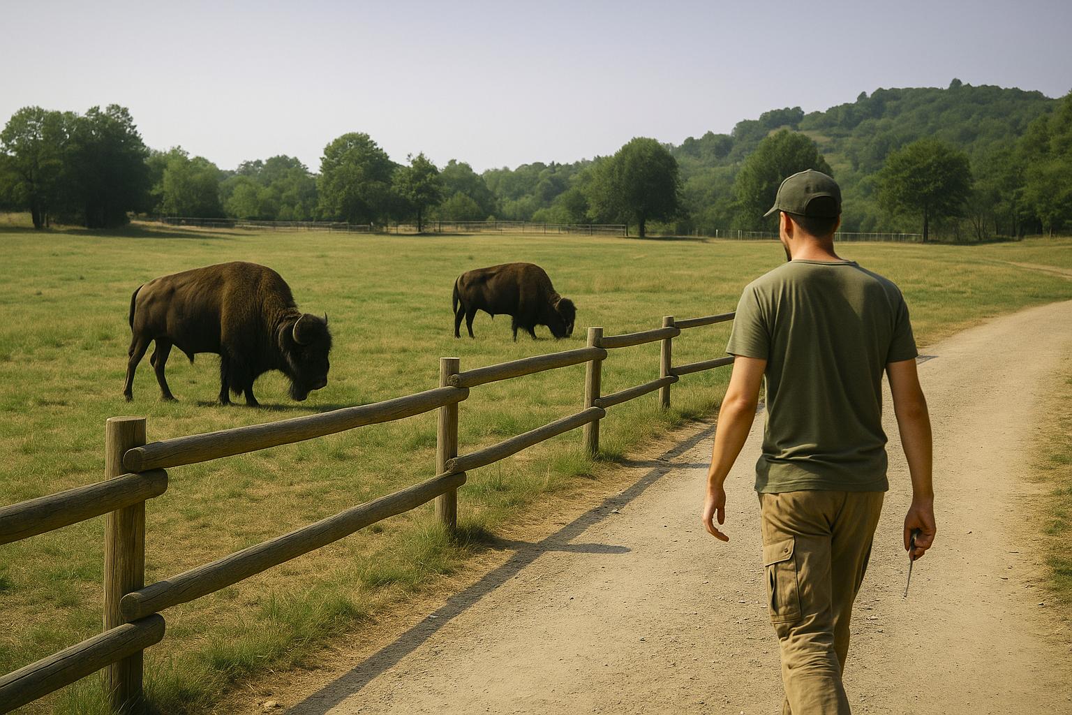 Vue réaliste d’un enclos de bisons dans un parc animalier européen, avec un homme à distance marchant le long d’une barrière et tenant un petit tournevis, sous un ciel clair, format horizontal.