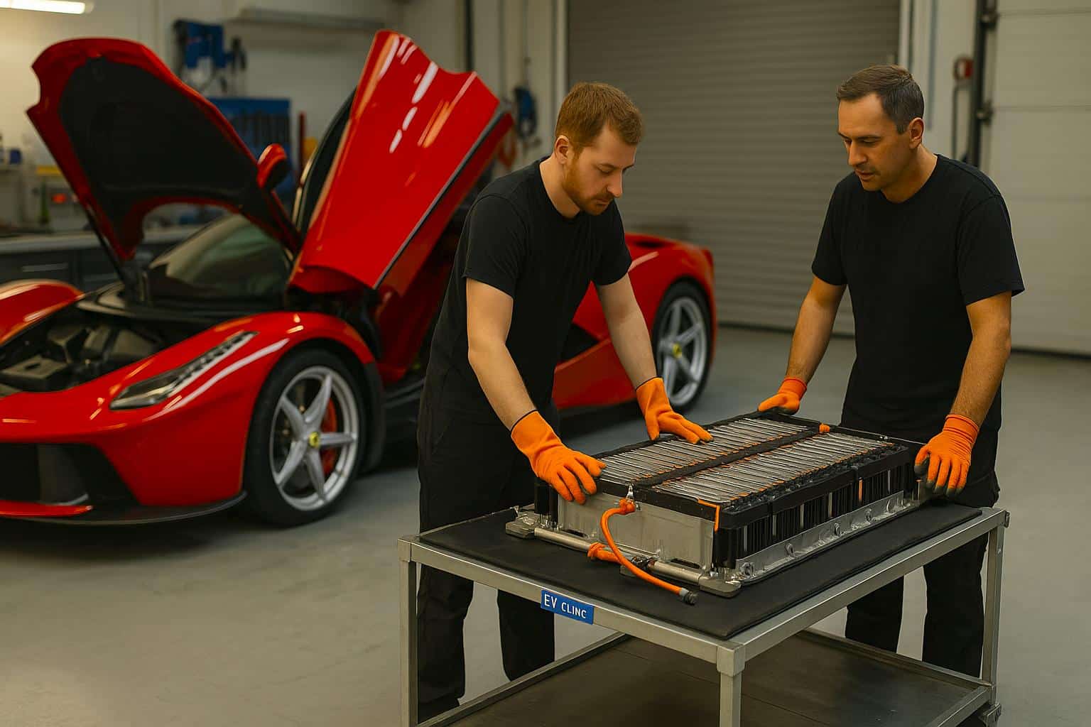 La Ferrari rouge capot ouvert dans un atelier, deux techniciens en gants isolants inspectent un pack batterie posé sur un chariot, ambiance réaliste et éclairage d’atelier.