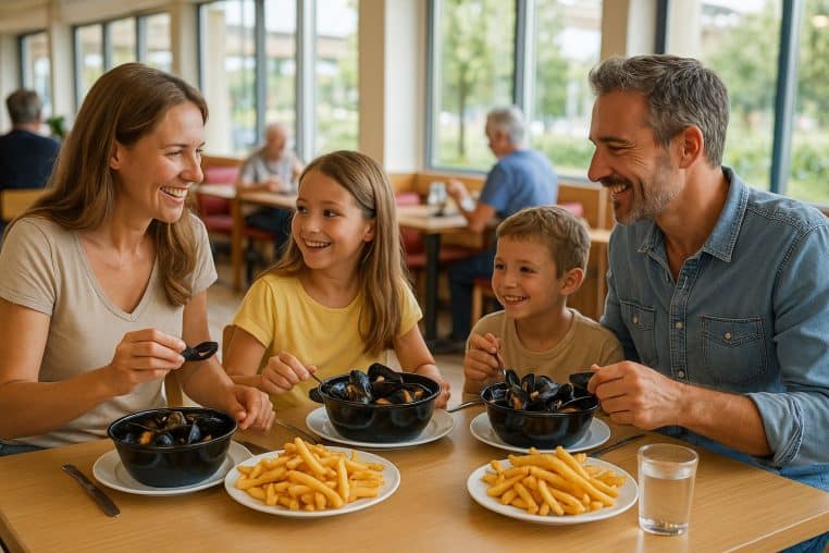 Famille dans un restaurant partageant un repas moules-frites.