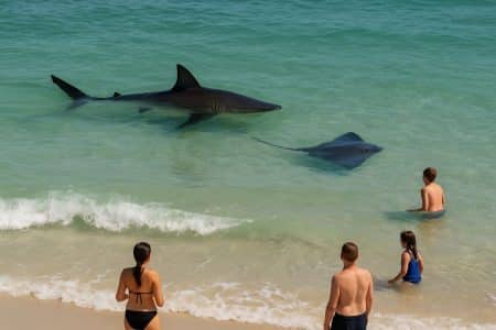 Sur une plage ensoleillée, un requin et une raie nagent dans des eaux peu profondes à proximité immédiate de quatre vacanciers, dont deux enfants, observant la scène depuis le rivage.