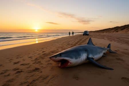 Aube sur la plage de Louth Bay près de Port Lincoln : le corps d’un grand requin blanc échoué, des agents du PIRSA s’approchent au loin.