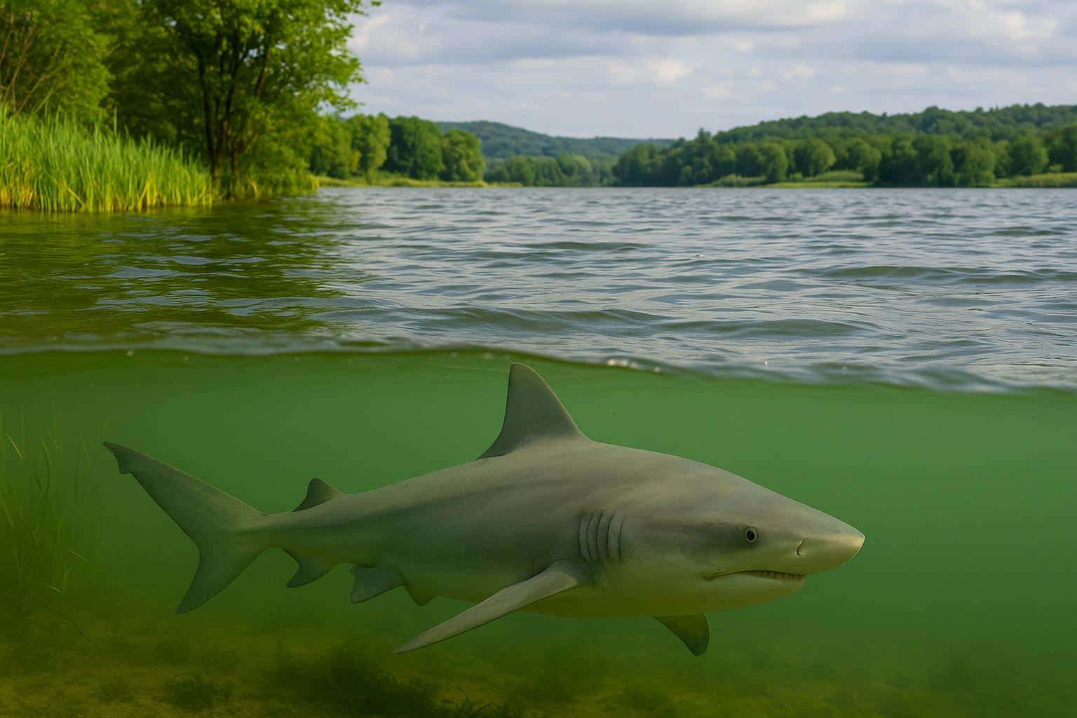 Un requin massif nage près de la rive dans un lac d’eau douce, à faible profondeur.