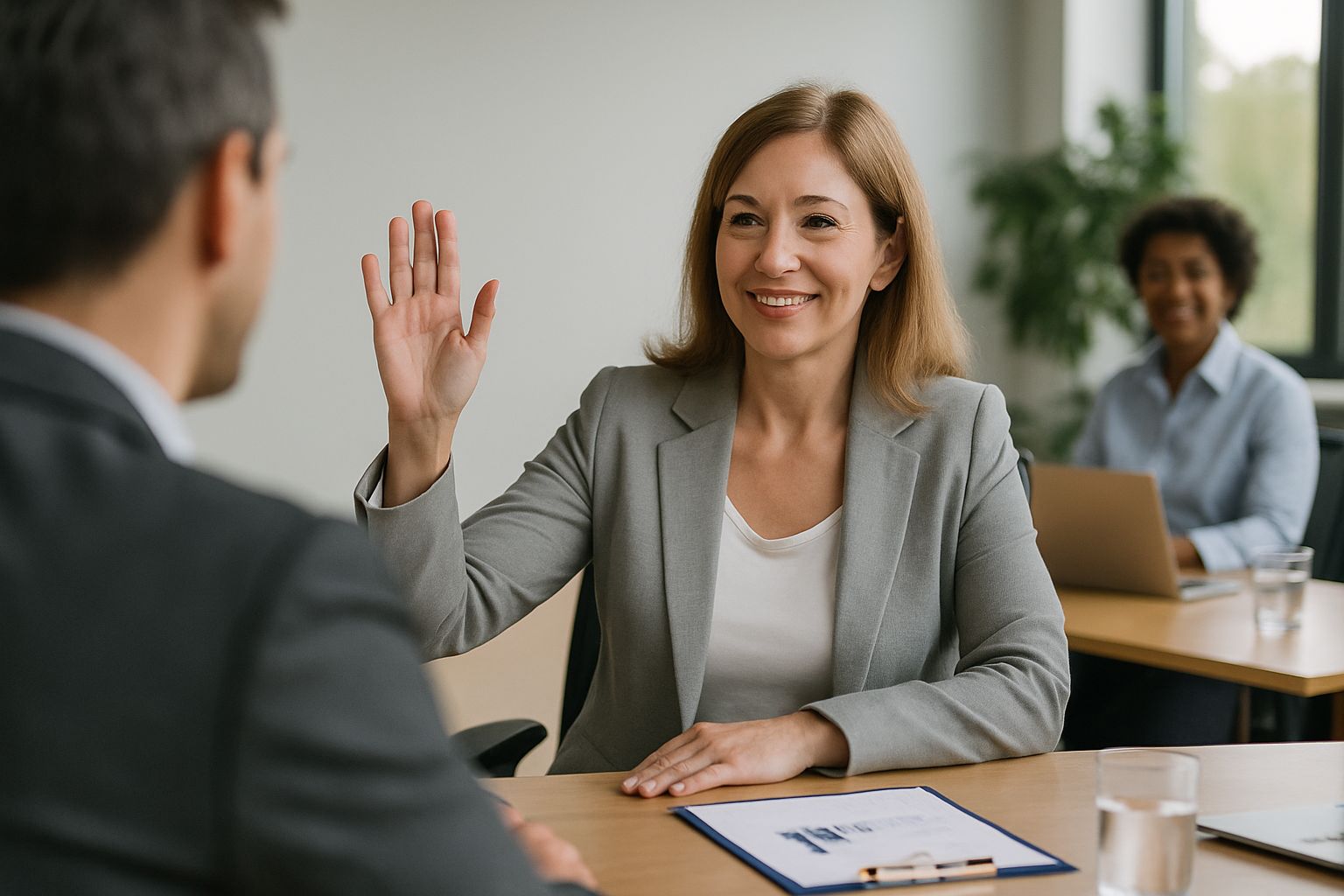 Cadre en réunion saluant d’un geste tout en restant assise autour d’une table.