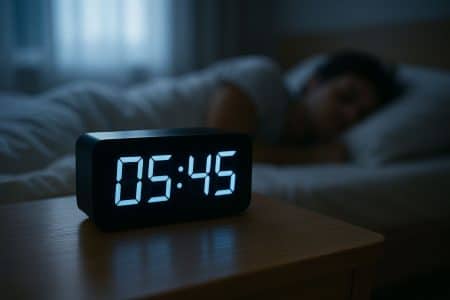 Réveil numérique indiquant l’aube sur une table de chevet, chambre sombre et dormeur en arrière-plan.