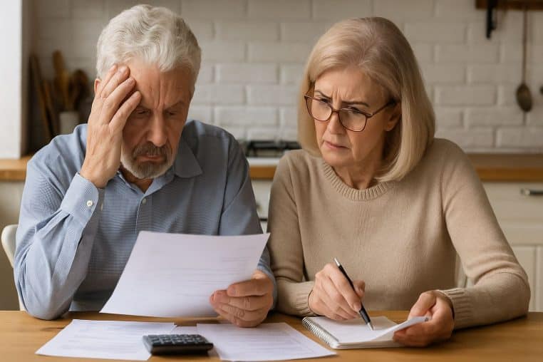 Couple de retraités préoccupé consultant ses documents fiscaux à table.