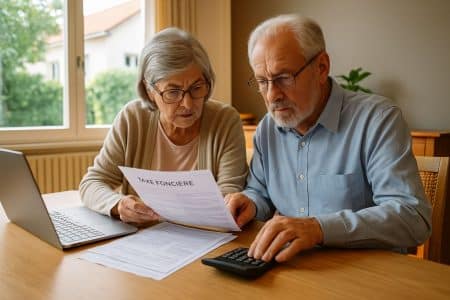 Couple de retraités calculant leur taxe foncière autour de la table.
